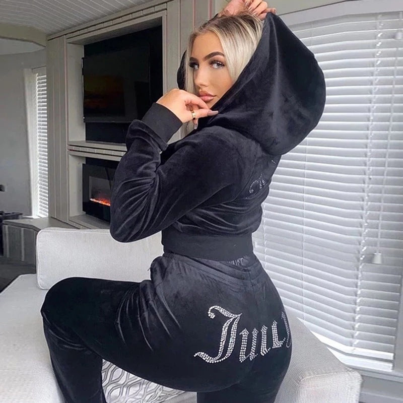 Women's Fashion Hot Diamond Velvet Sports and Leisure Suit Two-piece Set