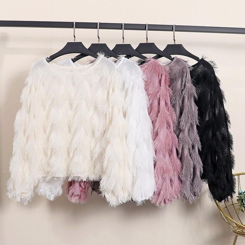 Women's fashion versatile wavy shape furry fringed long-sleeved pullover top bot