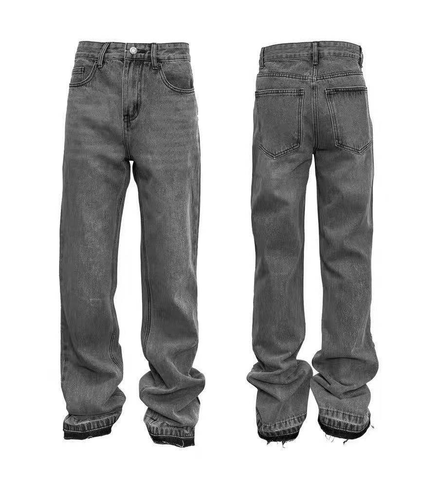 Men's Clothing Distressed Flared Jeans - Vintage Grey Cleanfit Denim With Frayed