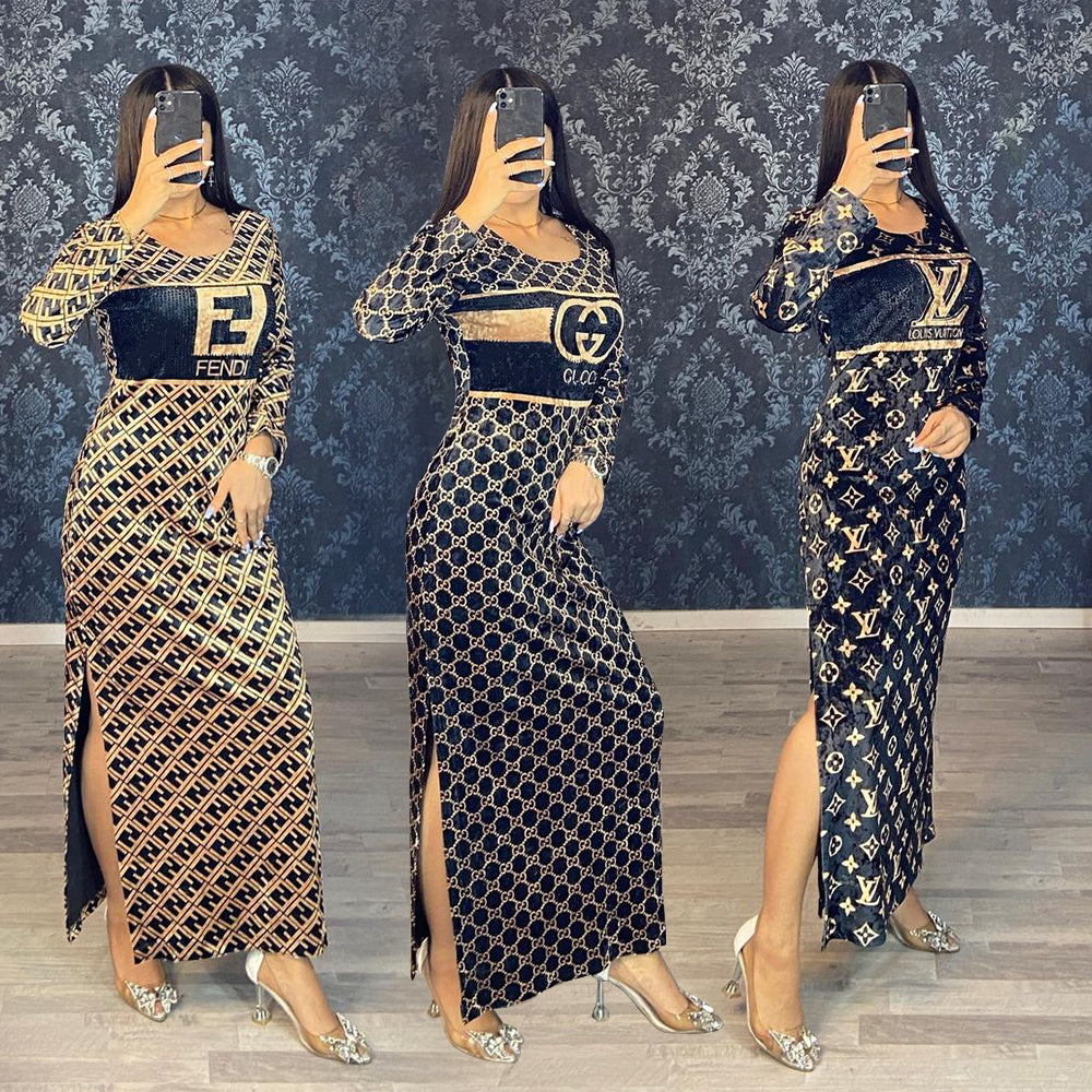 Women's fashion party casual fashion printed slit soft and warm winter long-slee