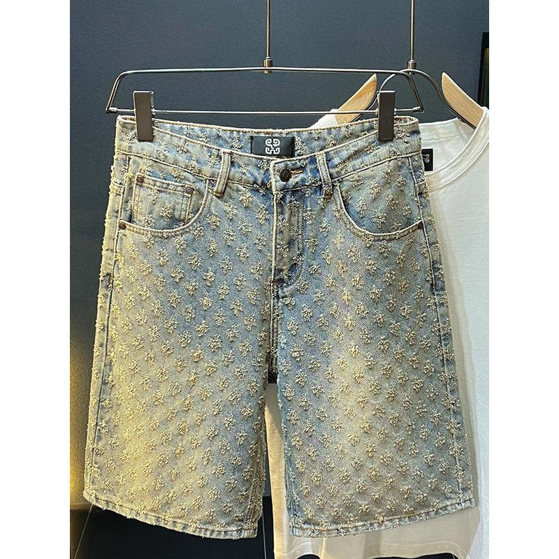 Men's American Style Denim Shorts Summer Loose Straight Leg Ripped Jacquard High