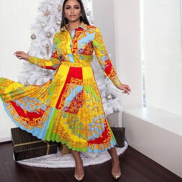 Women's lapel long sleeve high waist slim large size printed casual skirt dress