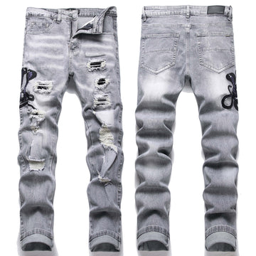 European Men's Light Blue Ripped Embroidered Jeans Men's Trendy Elastic Slim Fit
