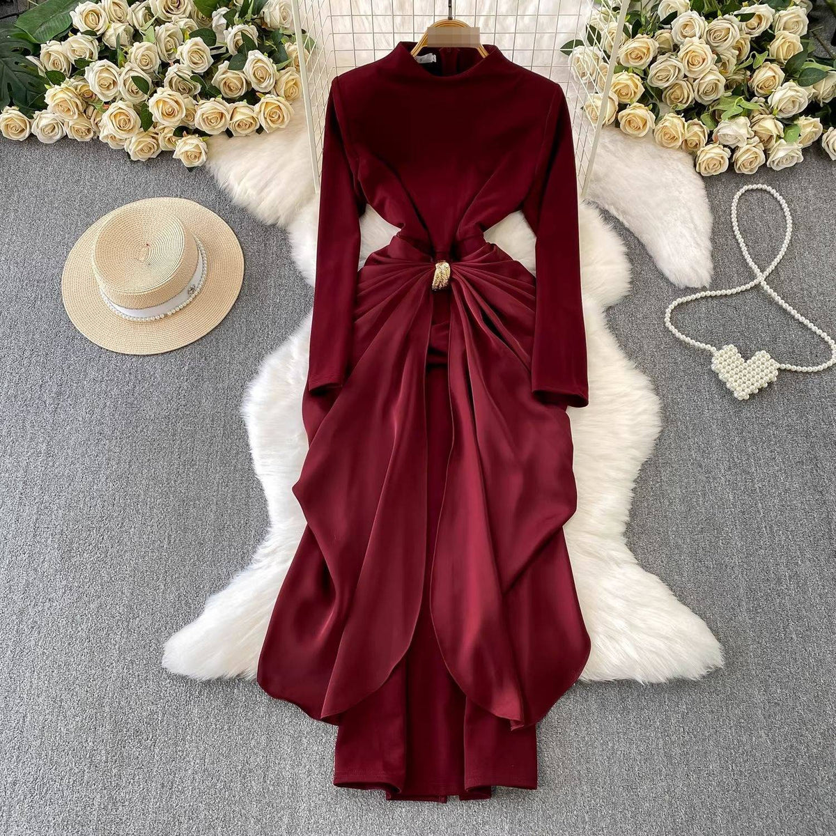 Women's Clothing Luxury Asymmetrical Midi Dress – Crinkle Polyester Evening Gown