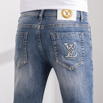 European Slim Fit Elastic Feet Jeans for Men's Summer Light Print Korean ca