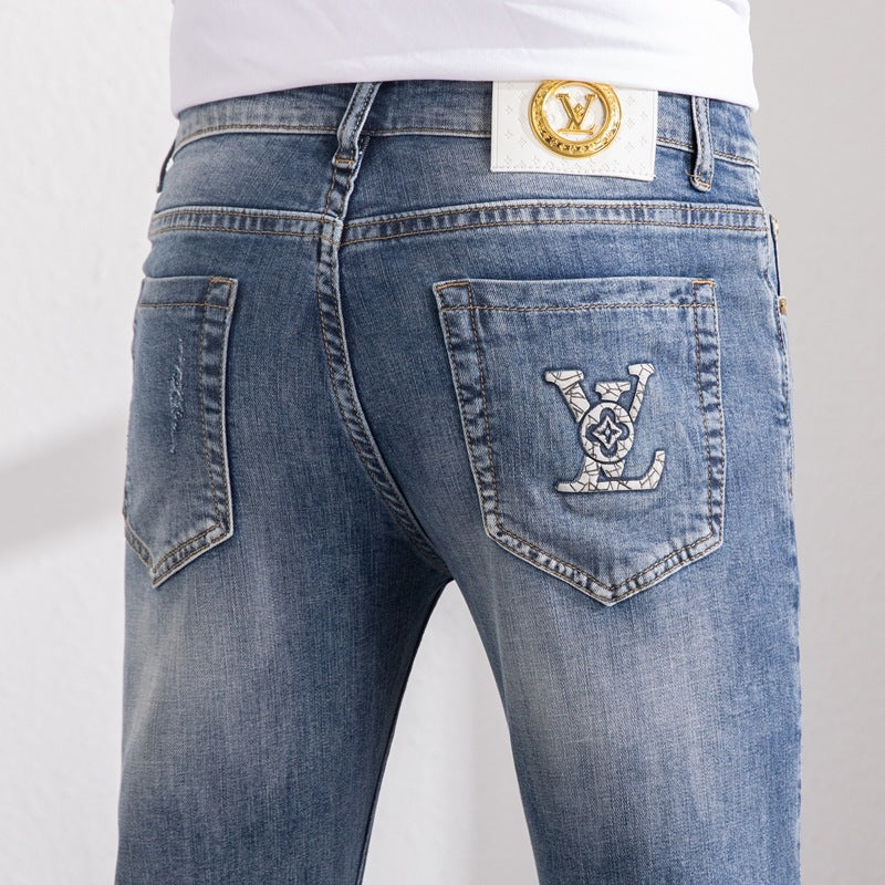 European Slim Fit Elastic Feet Jeans for Men's Summer Light Print Korean ca