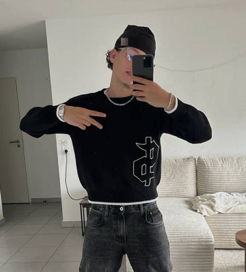 Men's Grey Embroidered Crewneck Sweater High Street Design Jacquard Loose Knitwe