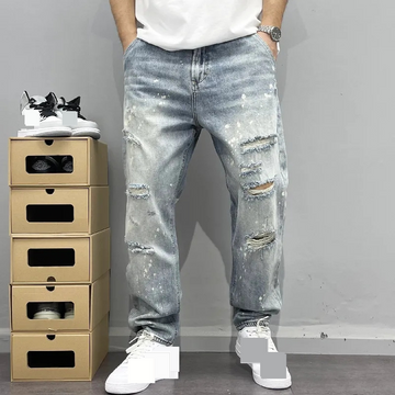 High Street Ink Splashed Hole Jeans Men's Thin Washed Personality Loose Beg