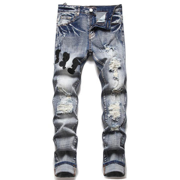 Man's Clothing New Men's Jeans Ripped Patch Trend Stretch Slim-Fit Pants Al