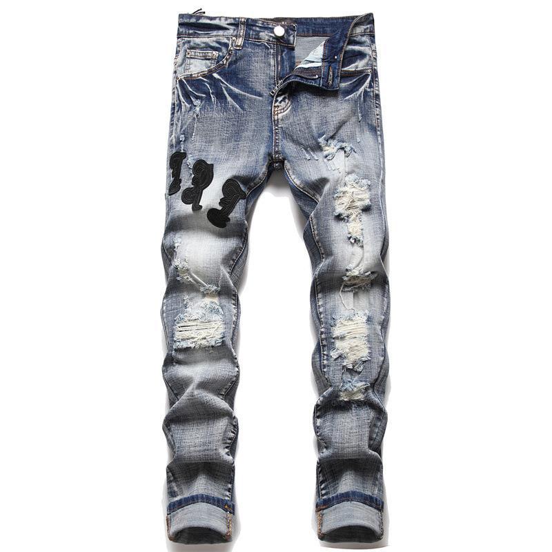 Man's Clothing New Men's Jeans Ripped Patch Trend Stretch Slim-Fit Pants Al