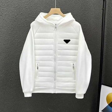 Men's Geometric Print Hooded Puffer - Lightweight Quilted Jacket With Triangle P