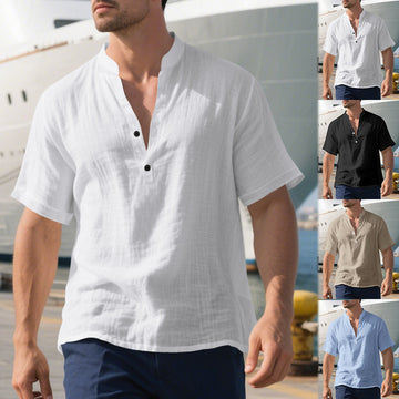Men's Clothing Summer Casual Loose Shirt Stand Up Collar Button Down Linen Short