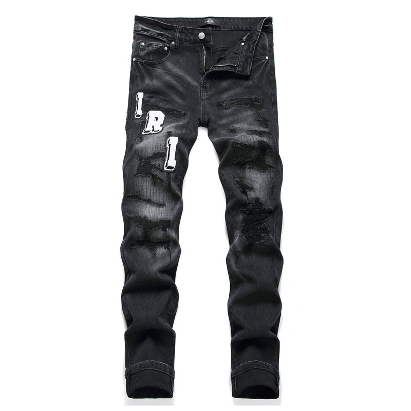 Man's Clothing Slim Stretch Slit Embroidery Vintage Patch Personality Trend Men'