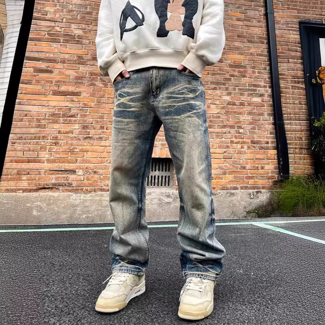 Men's Clothing Spring Street All Match Slightly Loose Straight Casual Washed Dis