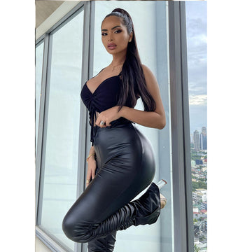 Women's High Waist Faux Leather Pants With Flared Leg & Side Slits - Stretchy Pu