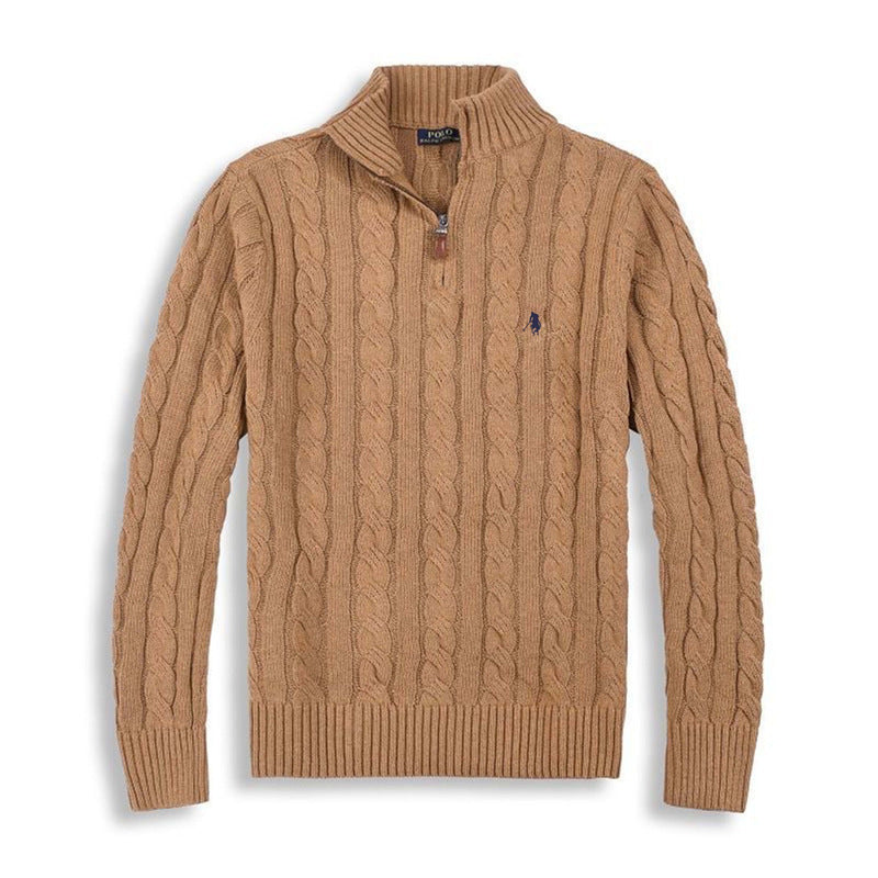 Men's Ivory White Chunky Cable-Knit Half-Zip Mock Neck Sweater with Embroidered Pony Logo, Ribbed Trim and Leather Zipper Pull – Size S
