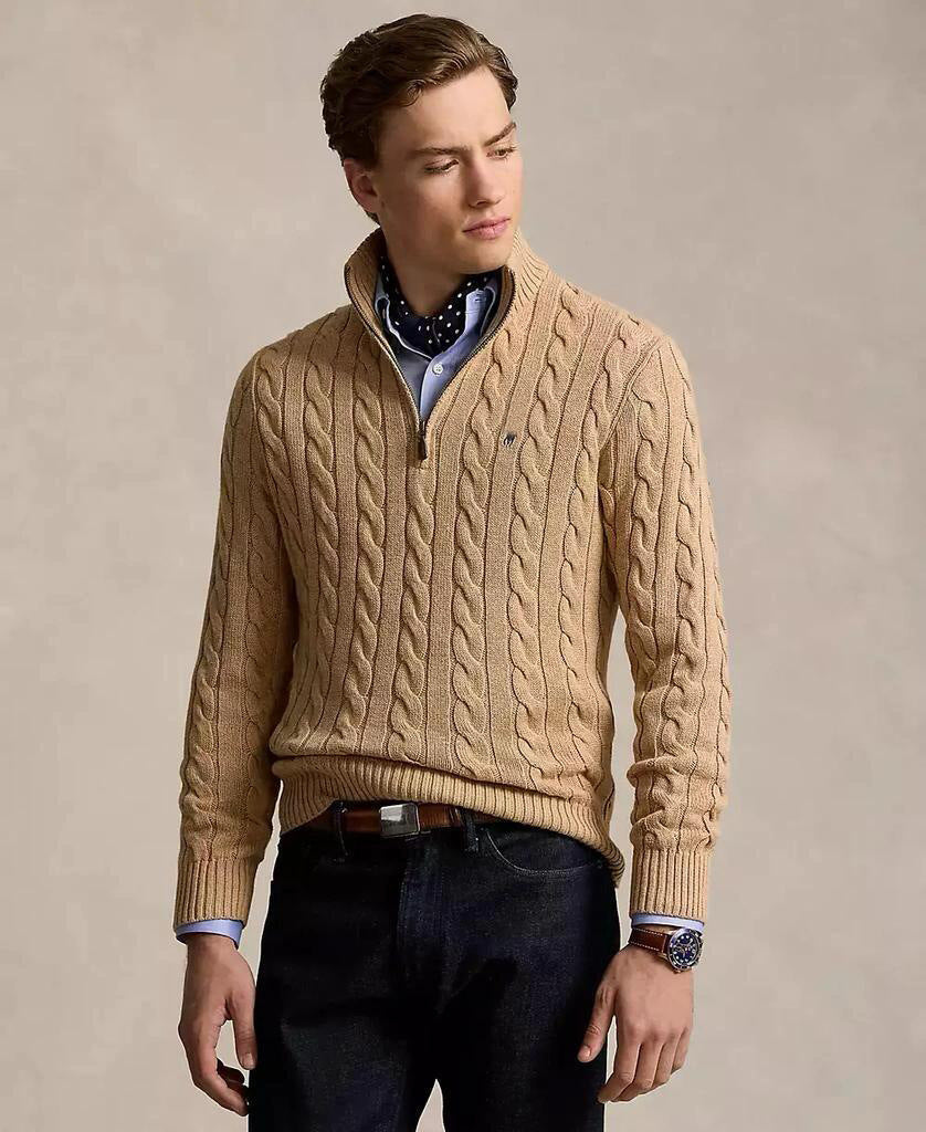 Men's White Cable Knit Half-Zip Mock Neck Sweater with Leather Zipper Pull, Embroidered Pony Logo, Ribbed Cuffs and Hem – Size S - Style #SHP-6222-01564