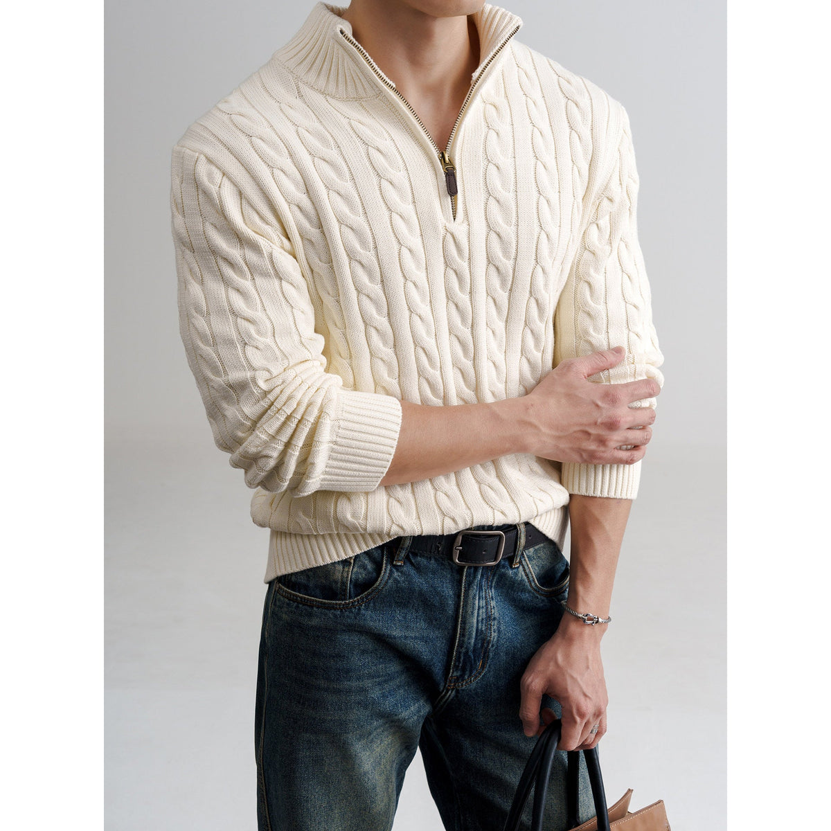 Men's White Cable Knit Half-Zip Mock Neck Sweater with Leather Zipper Pull, Embroidered Pony Logo, Ribbed Cuffs and Hem – Size S - Style #SHP-6222-01564
