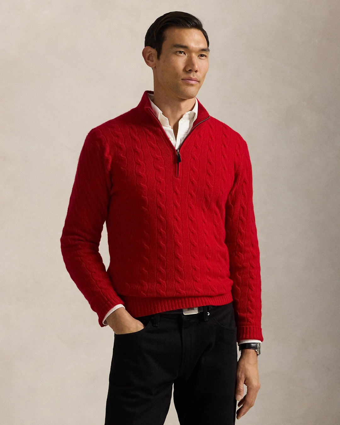 Men's White Cable Knit Half-Zip Mock Neck Sweater with Leather Zipper Pull, Embroidered Pony Logo, Ribbed Cuffs and Hem – Size S - Style #SHP-6222-01564
