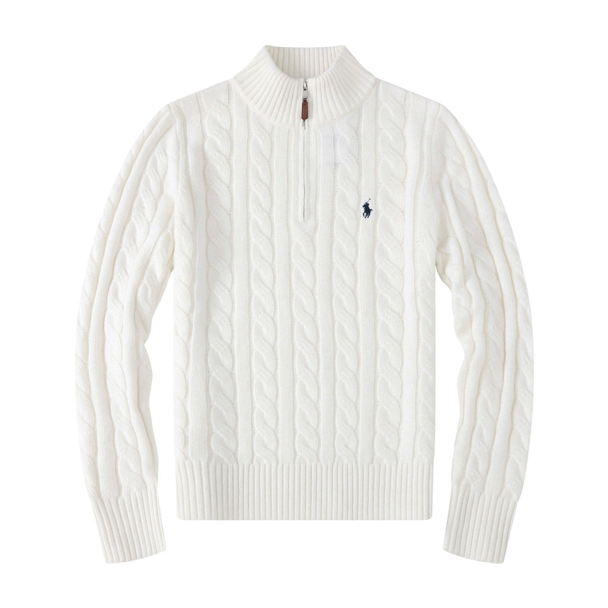 Men's Ivory White Chunky Cable-Knit Half-Zip Mock Neck Sweater with Embroidered Pony Logo, Ribbed Trim and Leather Zipper Pull – Size S