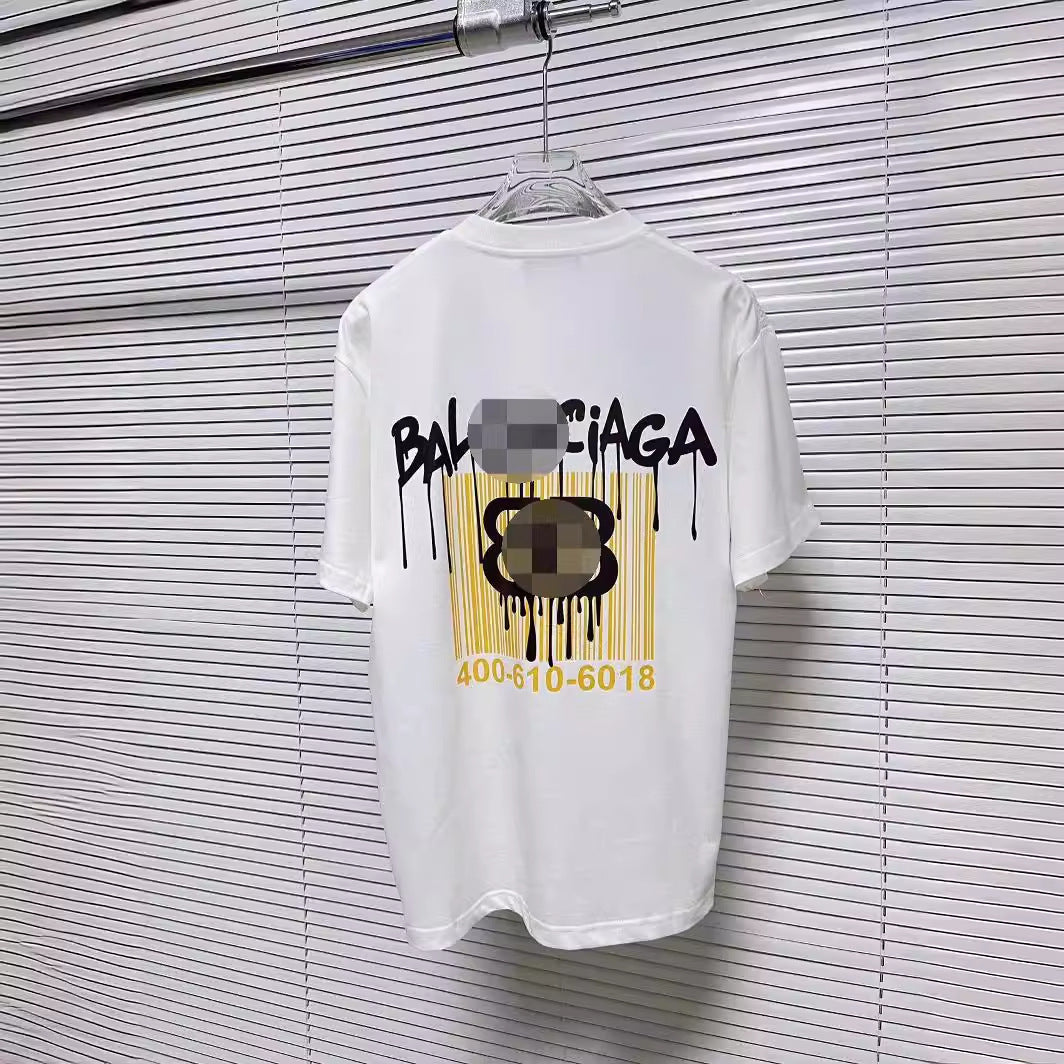Men's White Cotton Crew Neck Short Sleeve Tee with Black Drip Graffiti Logo and Yellow Barcode Back Print, Oversized Streetwear T-Shirt