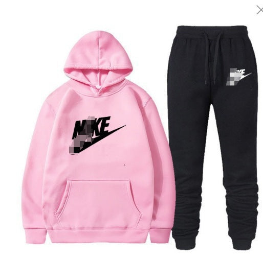 Women's Two-Piece Sweatsuit Set - Gray Letter-Print Pullover Hoodie with Drawstring & Black Logo Jogger Sweatpants, Casual Fall/Winter Loungewear
