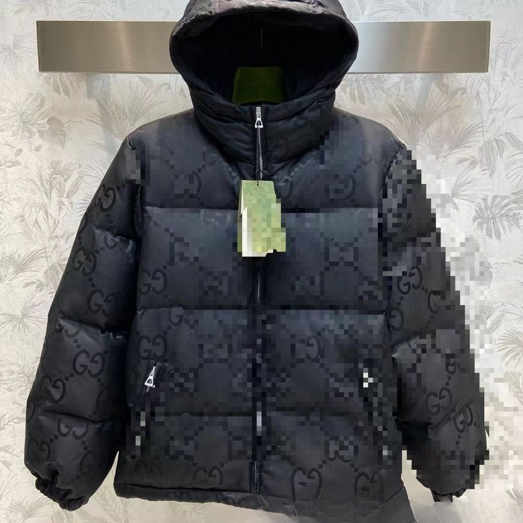 Men's Black Monogram Puffer Down Jacket with Hood, Full Zip Front and Zippered Pockets, Streetwear Couple Style