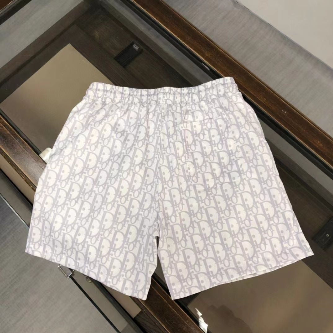 Men's Casual Beach Shorts with All-Over Geometric Print, Elastic Drawstring Waist, Knee-Length - White, Navy & Green Colorways