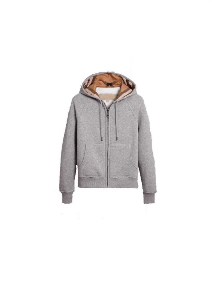 Women's Light Grey Melange Zip-Up Hoodie with Tan Check Hood Lining, Raglan Sleeves, Kangaroo Pockets and Ribbed Cuffs - Casual Everyday Sweatshirt