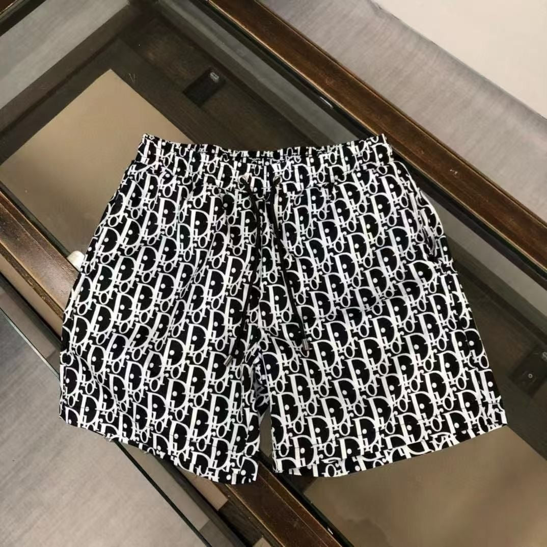 Men's Casual Beach Shorts with All-Over Geometric Print, Elastic Drawstring Waist, Knee-Length - White, Navy & Green Colorways