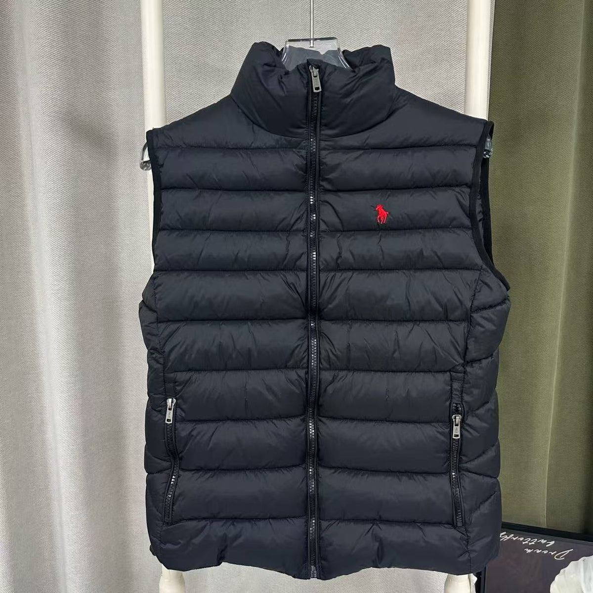 Women's Quilted Puffer Vest with Stand-Up Collar, Full Zip Closure and Zippered Side Pockets - Black & Cream with Red Embroidered Logo