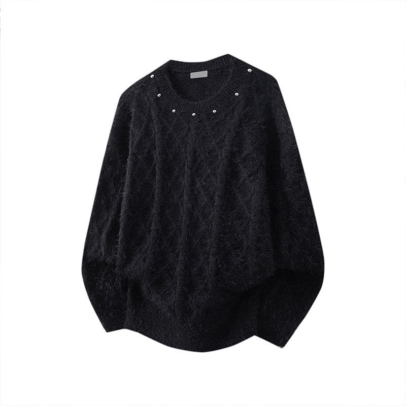 Men's Fuzzy Knit Pullover Sweater with Beaded Round Neckline, Loose Batwing Sleeve Cable-Knit Design in Black or White