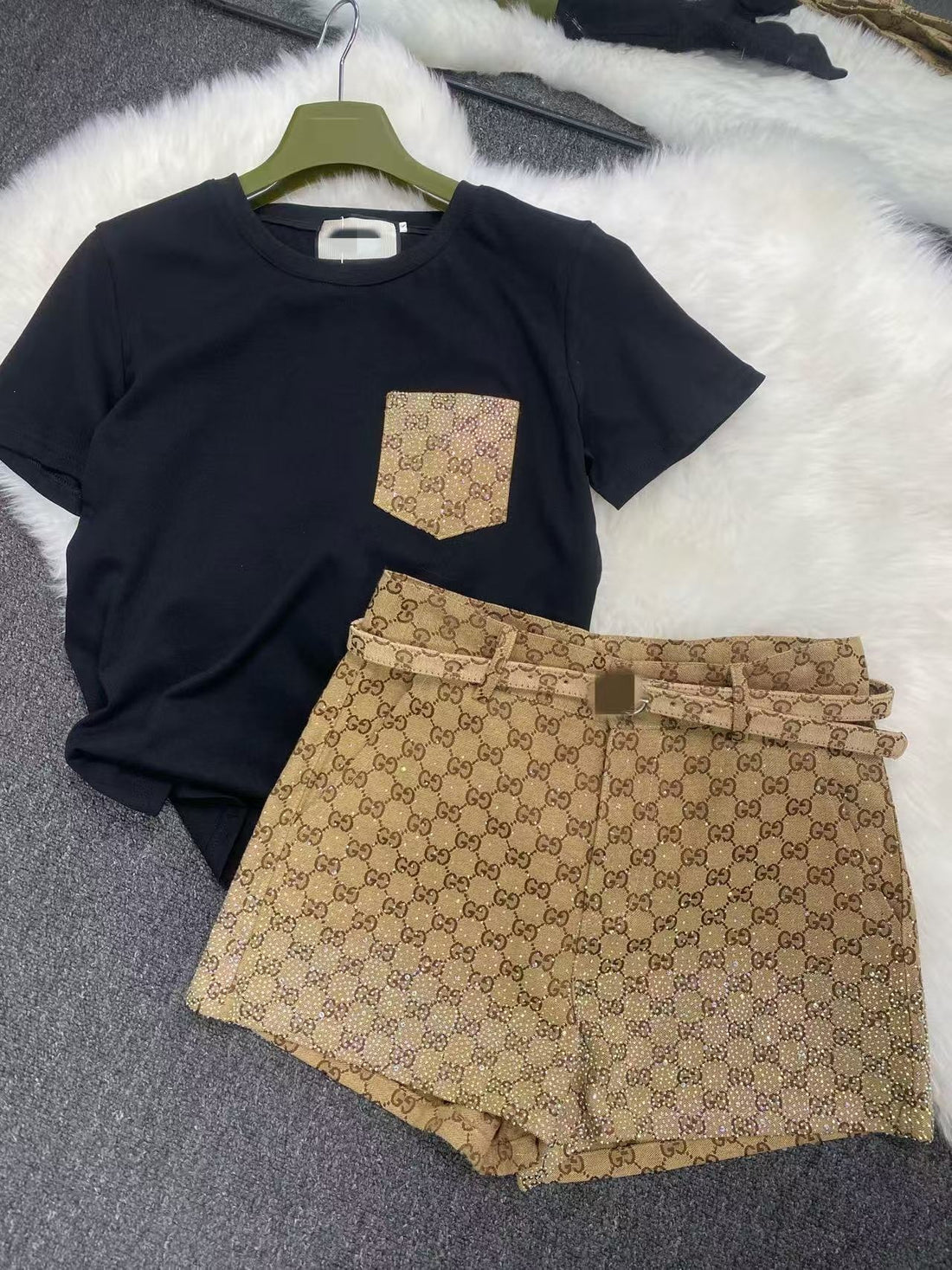 Women's Monogram-Print High-Waist Shorts with Rhinestone Embellishment and Gold-Tone Buckle Belt, Beige/Brown - Style #SHP-6292-03407