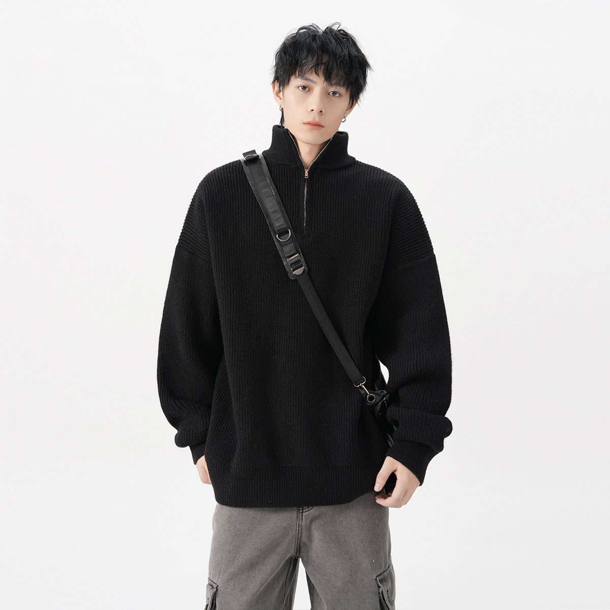 Men's Gray Ribbed Knit Half-Zip Mock Neck Sweater with Drop Shoulders and Oversized Loose Fit