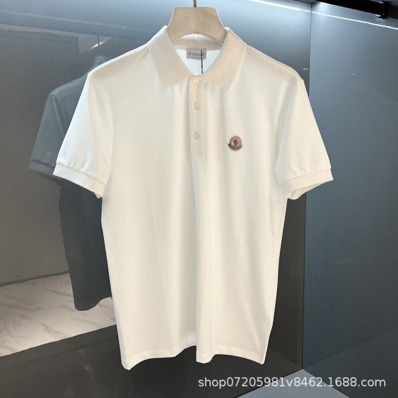 Men's Short-Sleeve Polo Shirt with Contrast Collar, Button Placket and Chest Emblem - White / Black