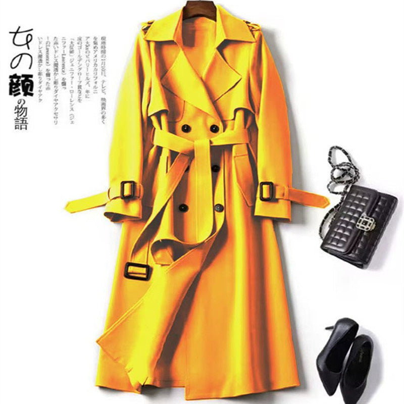 Women's Plus Size Camel Double-Breasted Trench Coat, Over-The-Knee Length with Self-Tie Belt, Lapel Collar & Buckled Cuffs