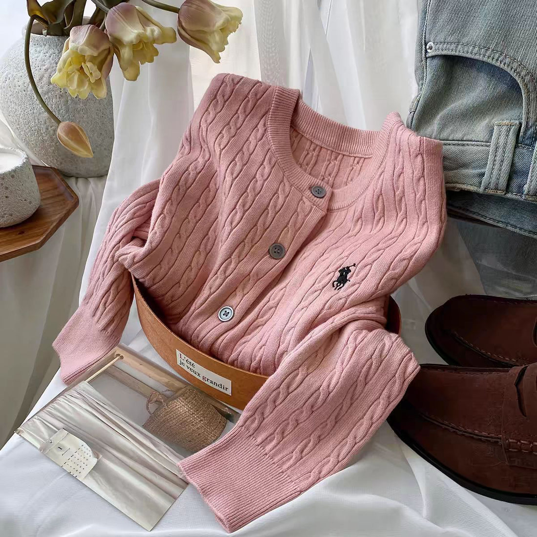 Women's Cream White Cable Knit Button-Front Cardigan with Embroidered Motif