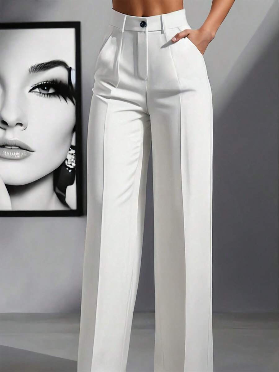 Women's Solid Color High Waisted Pleated Wide Leg Trousers, Casual Office Pants