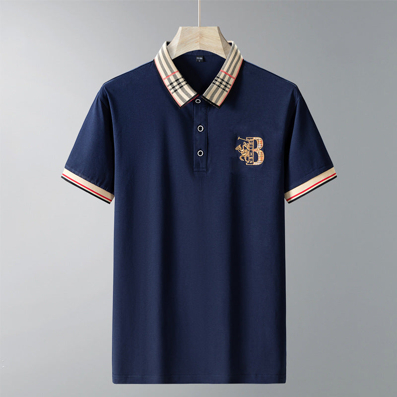 Men's Navy Blue Embroidered Polo Shirt with Beige Plaid Contrast Collar and Tipped Short Sleeves, Business Casual Cotton Pique Top