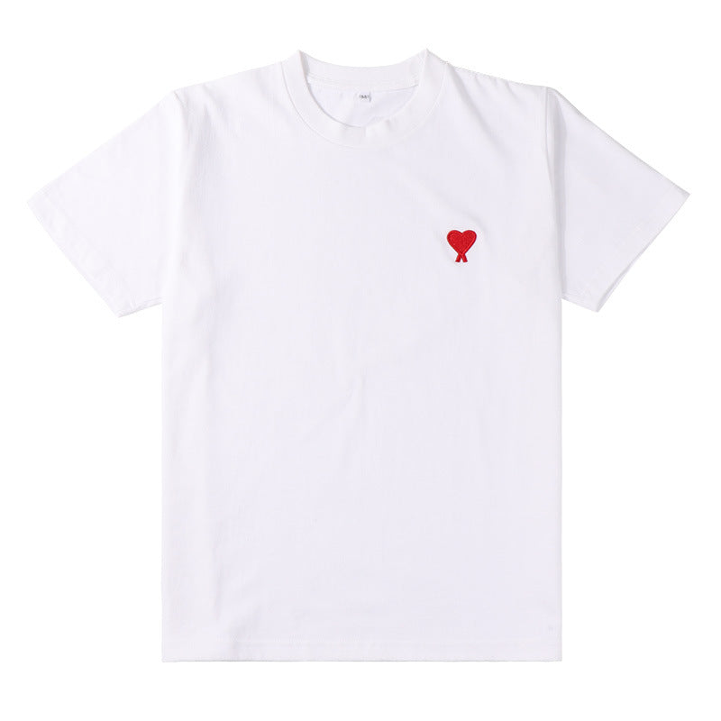 Women's White Cotton Oversized Crew Neck Short Sleeve T-shirt with Red Embroidered Heart Chest Logo