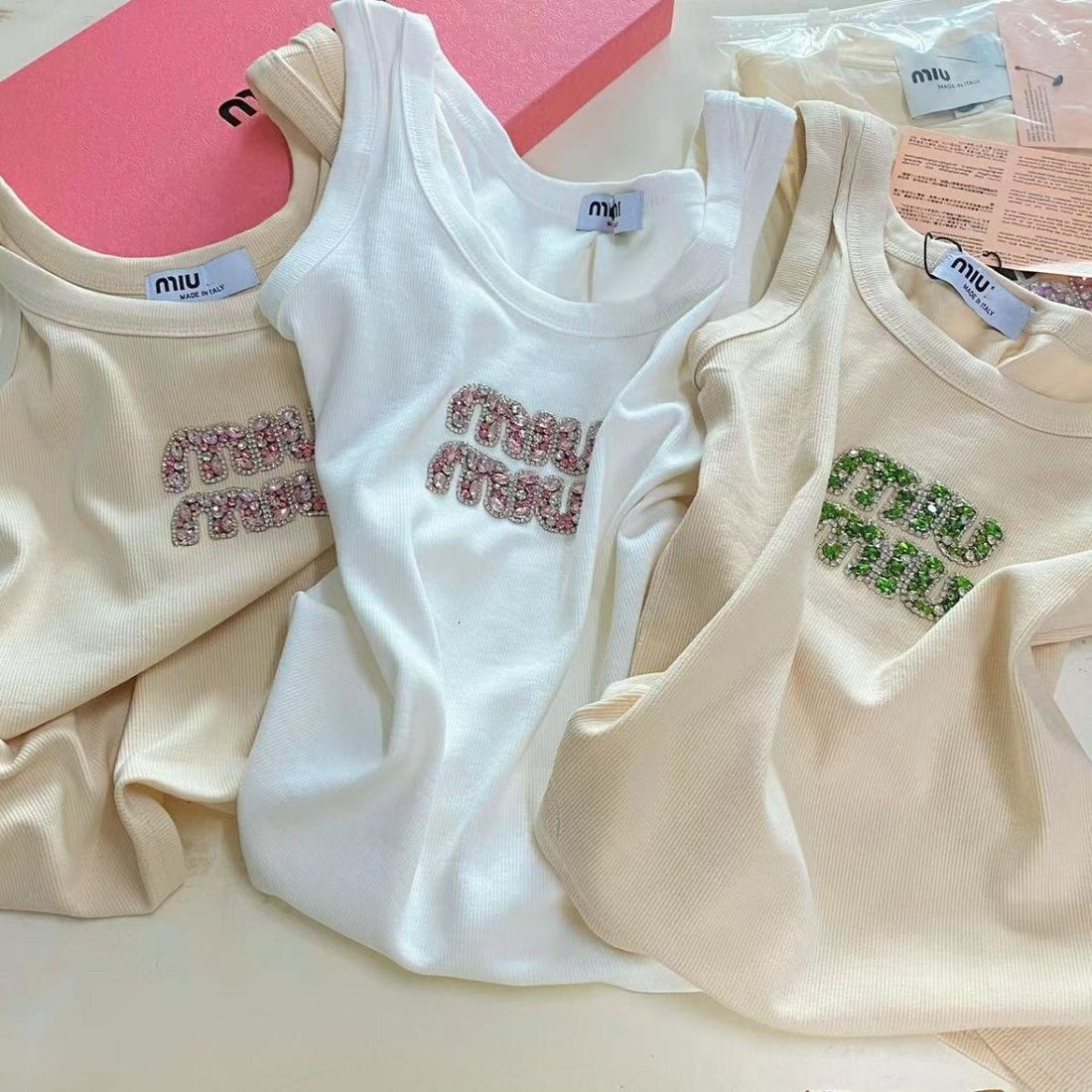 Women's Cream Yellow Ribbed Knit Tank Top, Scoop Neck Sleeveless Camisole with Rhinestone Letter Patch
