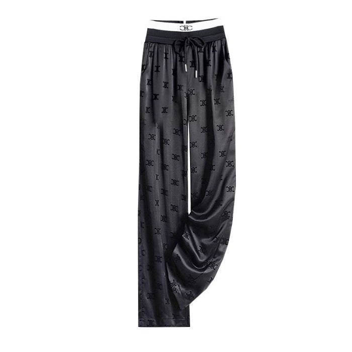 Women's Black Satin Wide-Leg Lounge Pants with All-Over Flocked Monogram Print and Contrast White Logo Waistband