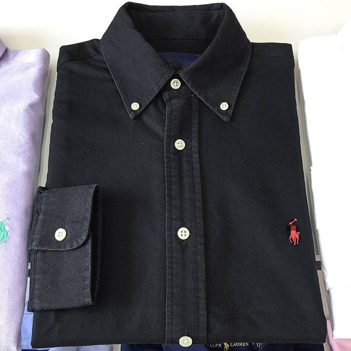 Men's Classic Button-Down Long Sleeve Shirt 4-Pack Colors Black White Light Blue Navy with Embroidered Chest Motif