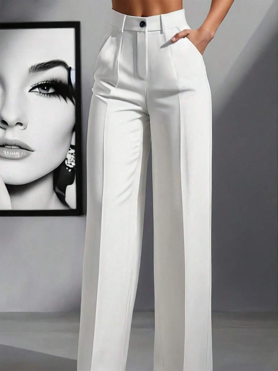 Women's Solid Color High Waisted Pleated Wide Leg Trousers, Casual Office Pants