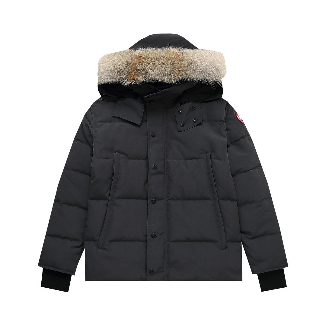 Canada Goose Black Down Puffer Jacket Men Women Snap-Placket Storm Flap Arctic Program Sleeve Patch