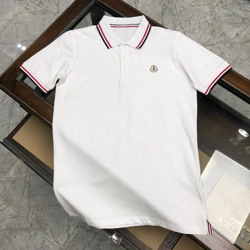 Men's Black Short Sleeve Polo Shirt with Contrast Tipped Collar and Cuffs, Embroidered Chest Badge, Breathable Piqué Knit
