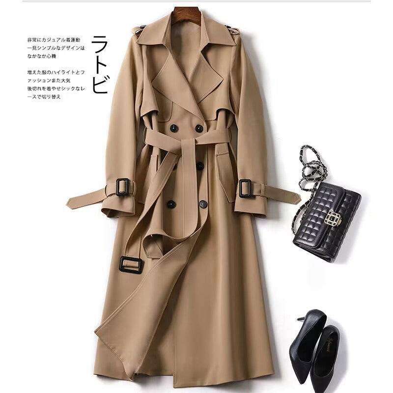 Women's Plus Size Camel Double-Breasted Trench Coat, Over-The-Knee Length with Belted Waist, Lapel Collar & Buckled Cuffs