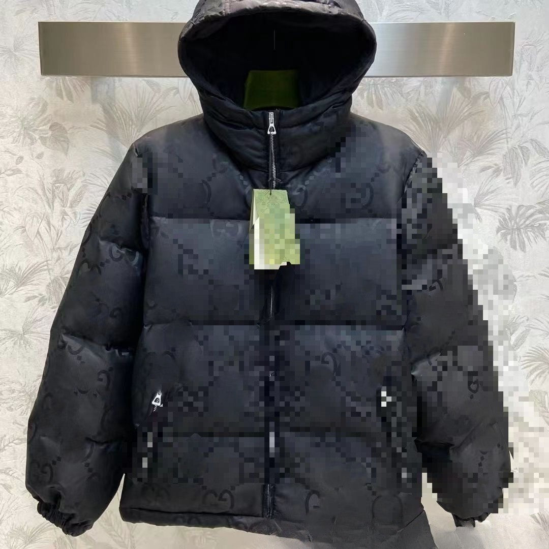 Men's Black Monogram Puffer Down Jacket with Hood, Full Zip Front and Zippered Pockets, Streetwear Couple Style