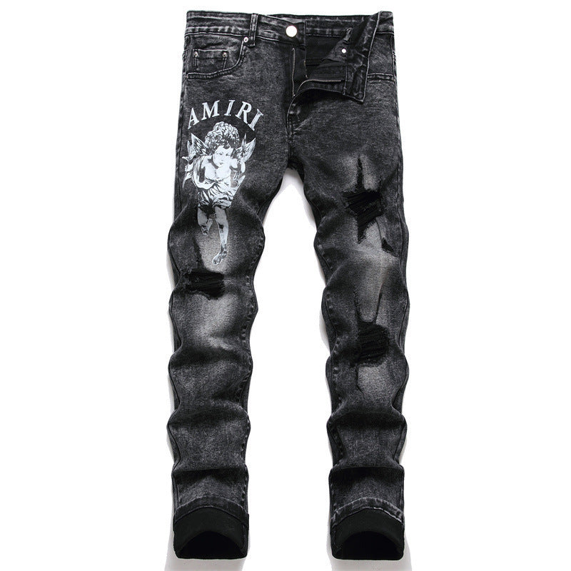 Men's Slim-Fit Ripped Biker Jeans, Acid-Washed Black Stretch Denim with Cherub Angel & Lettering Graphic Print, Distressed Full-Length Pants