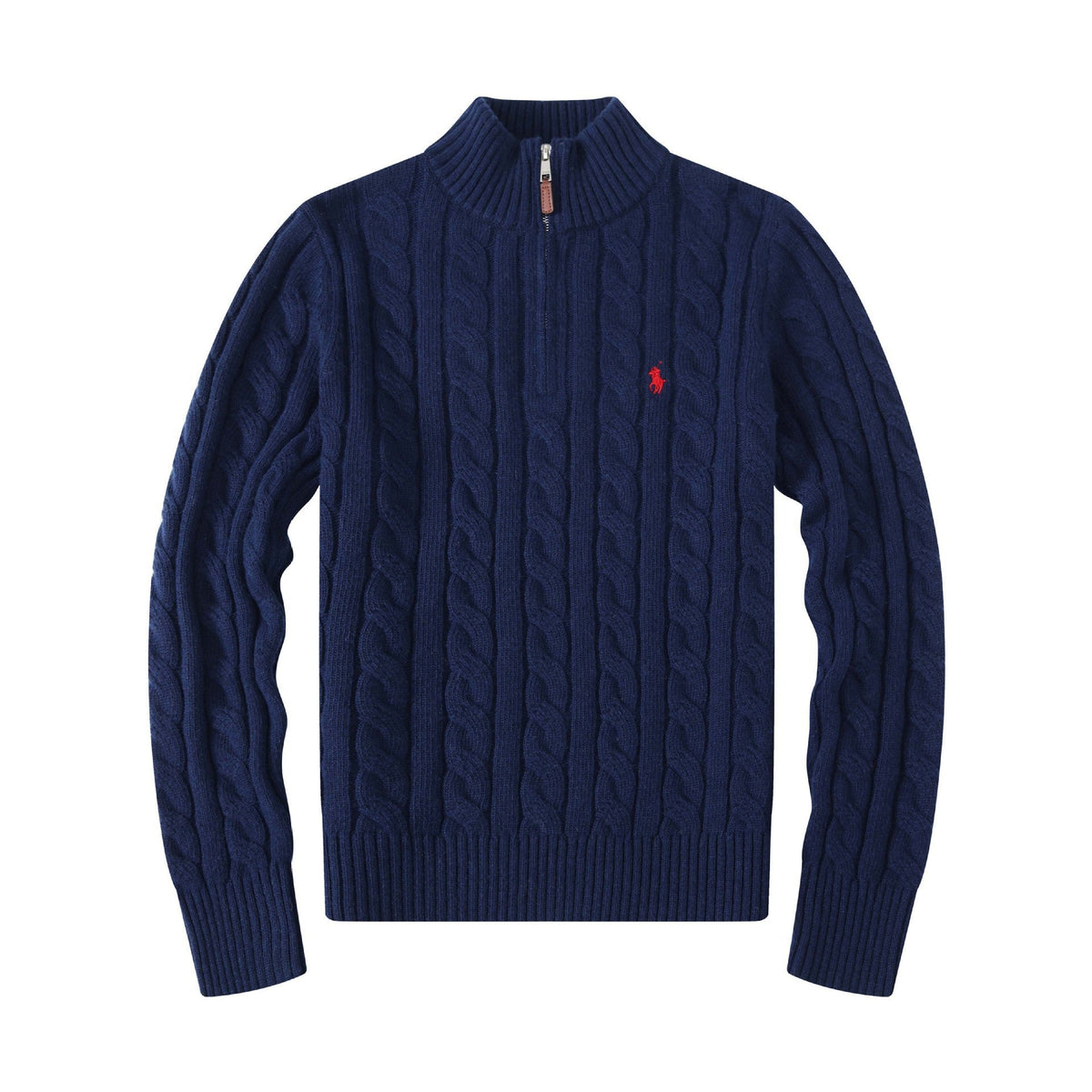 Men's Ivory White Chunky Cable-Knit Half-Zip Mock Neck Sweater with Embroidered Pony Logo, Ribbed Trim and Leather Zipper Pull – Size S